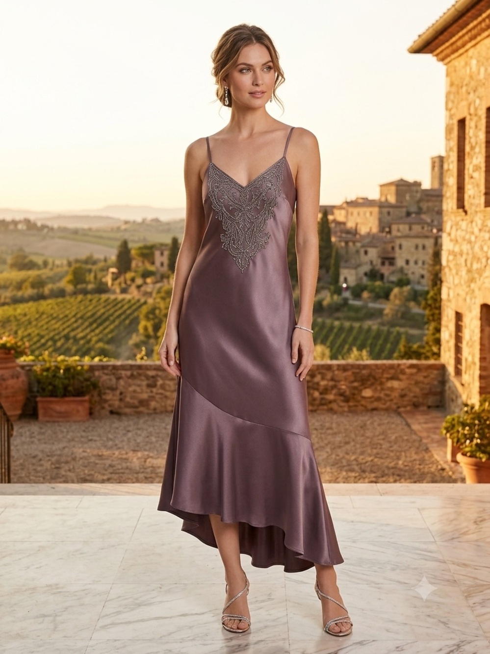 New And Now This Beaded Asymmetric Maxi Dress